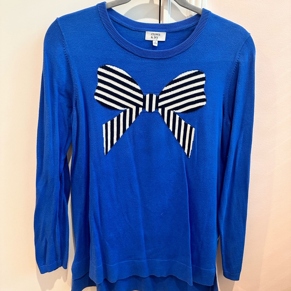 Crown & Ivy Blue knit Sweater with Striped Bow / Game Day!